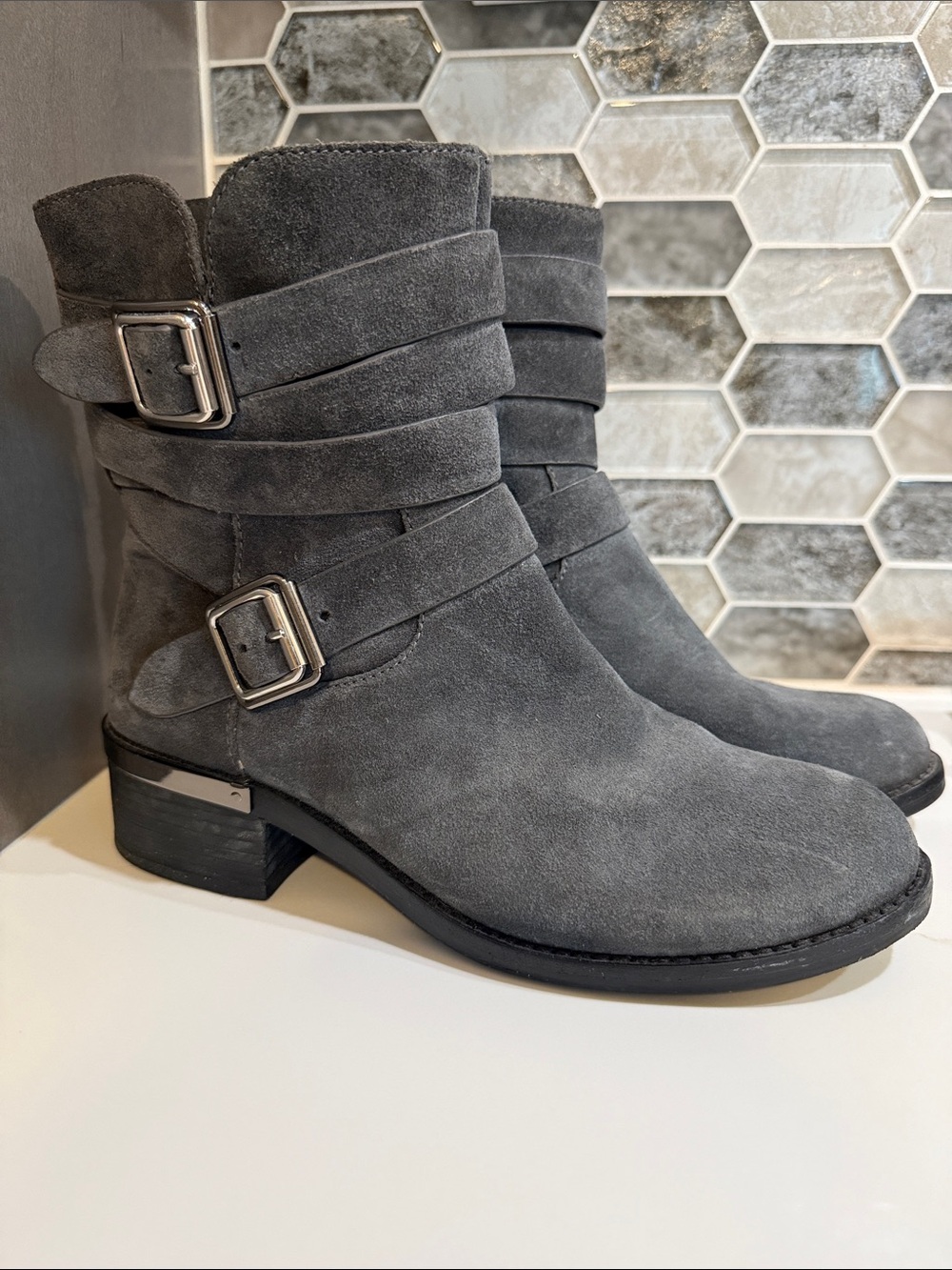 Women's Charcoal Grey Suede Buckle Ankle Boots